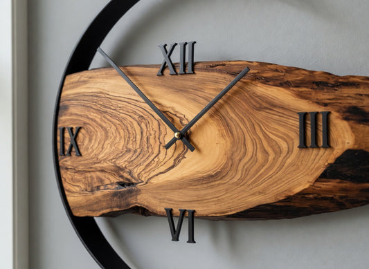 Handcrafted Wood Live-Edge Wall Clock | Roman Numerals