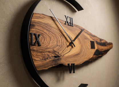 Handcrafted Wood Live-Edge Wall Clock | Roman Numerals