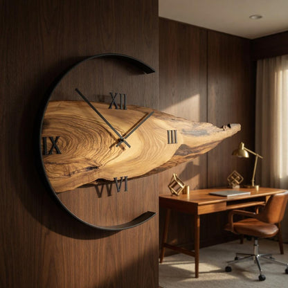 Handcrafted Wood Live-Edge Wall Clock | Roman Numerals