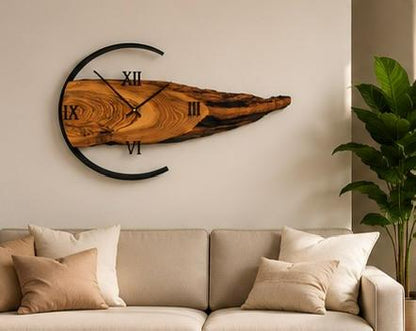 Handcrafted Wood Live-Edge Wall Clock | Roman Numerals